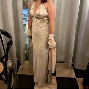 WHBM Spaghetti strap long dress. Criss cross back. Long slit in the side. Size 4